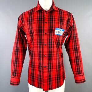VETEMENTS Size XS -My Name Is- Red Black Plaid Cotton Blend Long Sleeve Shirt